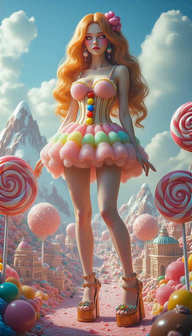 Candy Giantess in Sugary Landscape, Hyperrealistic Digital A...
