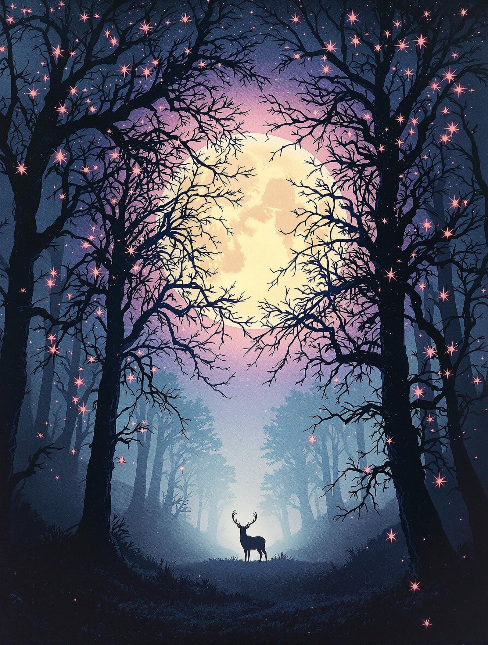 Glowing Vines Ensnare the Moon in a Dreamlike Forest Scene