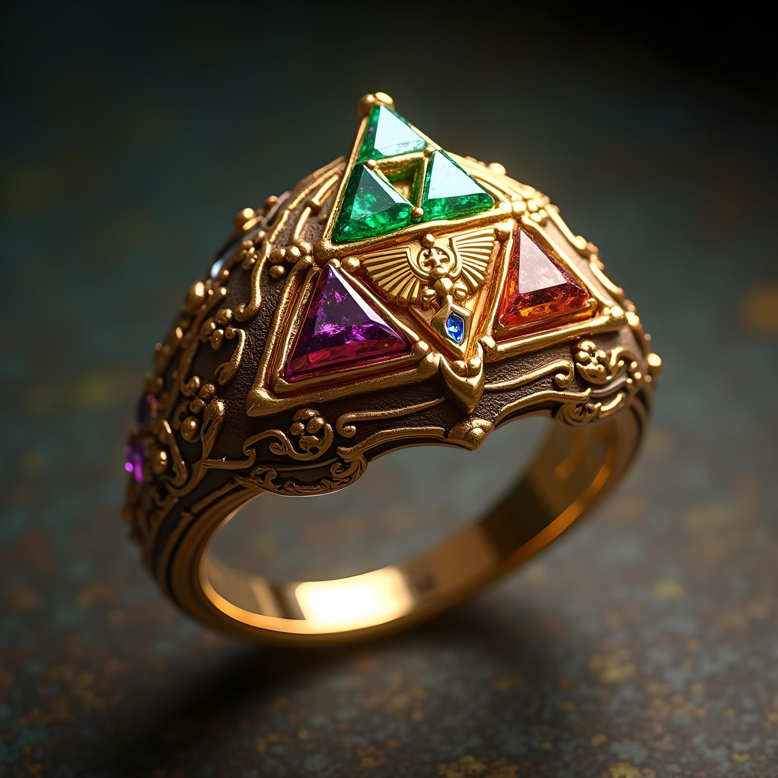 Triforce Gemstone Ring with Hylian Crest, Fantasy Art