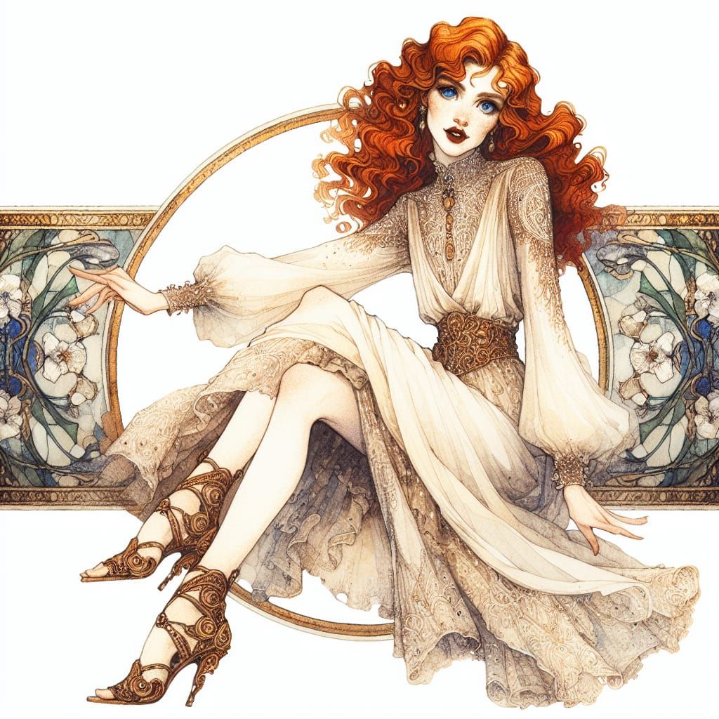 Redhead in Ivory Gown, Arthur Rackham Style
