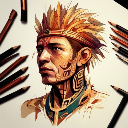Detailed Aztec Warrior with Golden Outlines