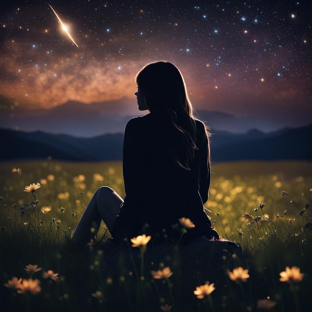 Silhouette Gazing at Shooting Star in Night Sky
