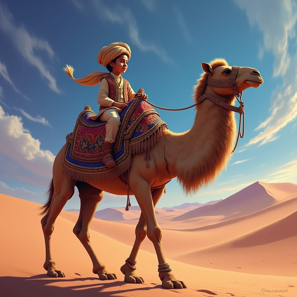 Boy on Ornate Camel in Desert, Detailed Matte Painting