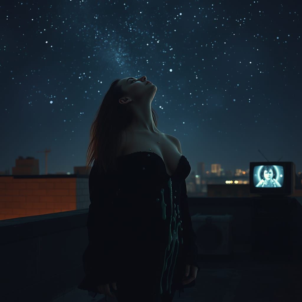 Woman Gazing at Stars in Dark Mystical Style