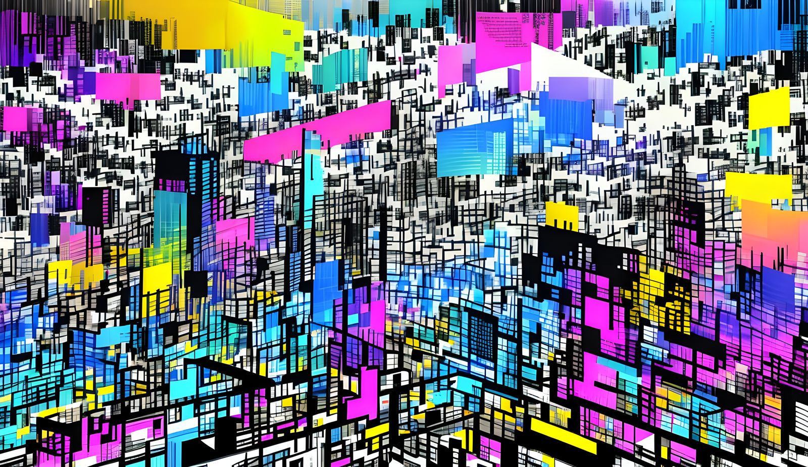 Colorfield Painting of Virtual Reality City in Orphism Style