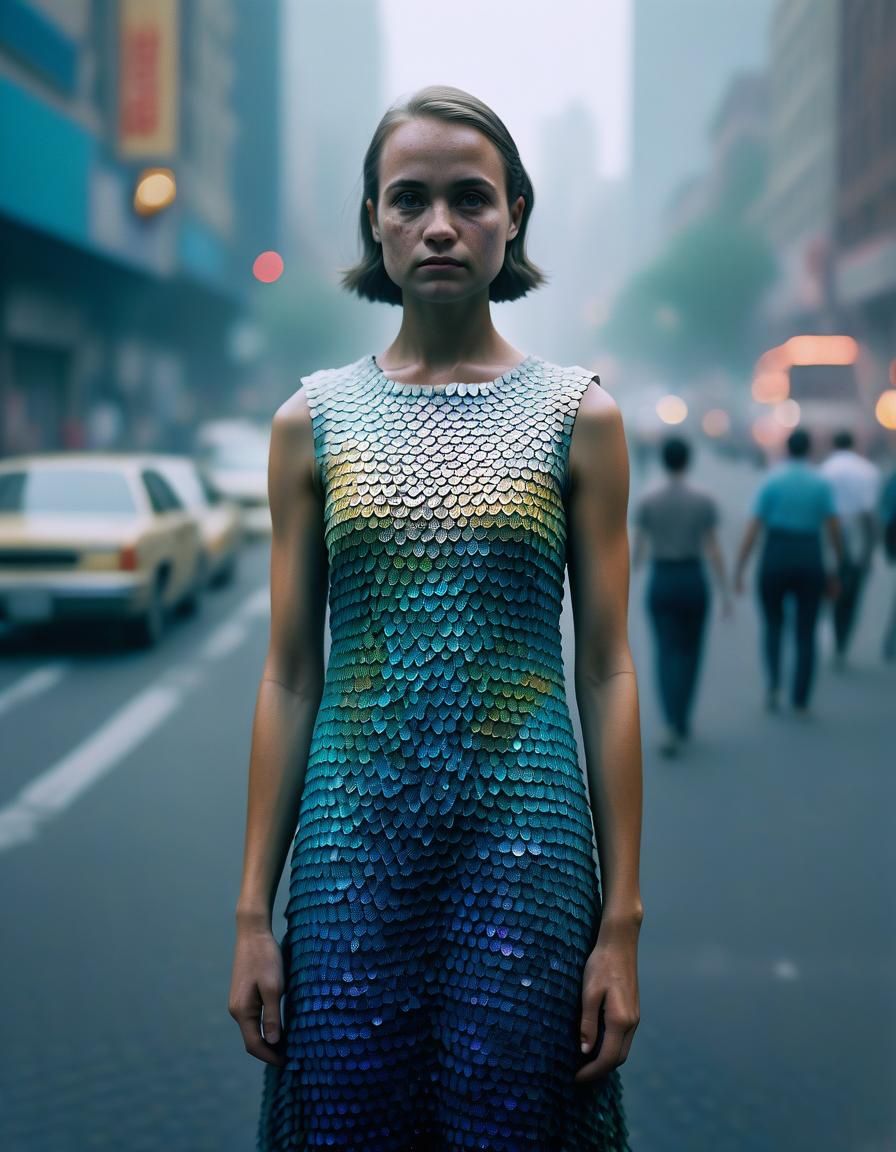 Woman in Fish Scale Dress, Detailed Digital Art