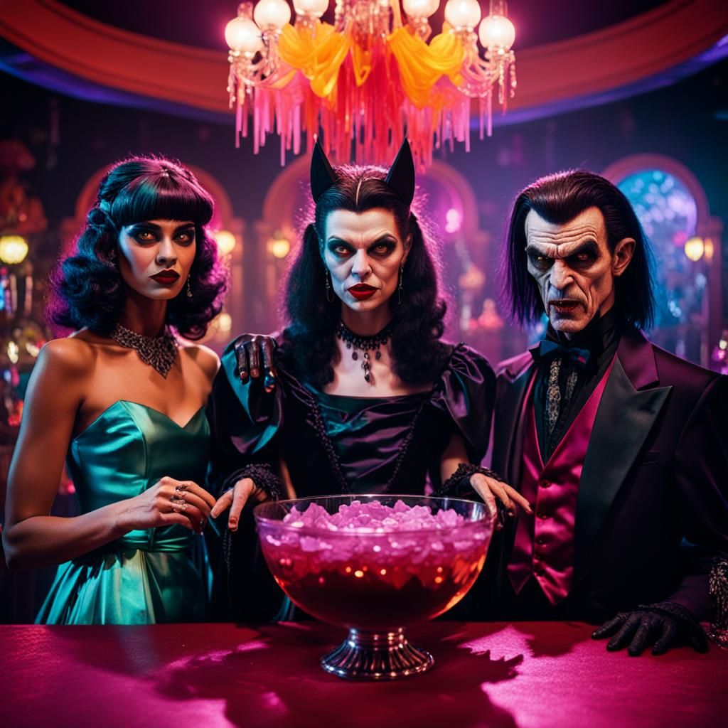 Witch, Werewolf, and Vampire at 80s Prom