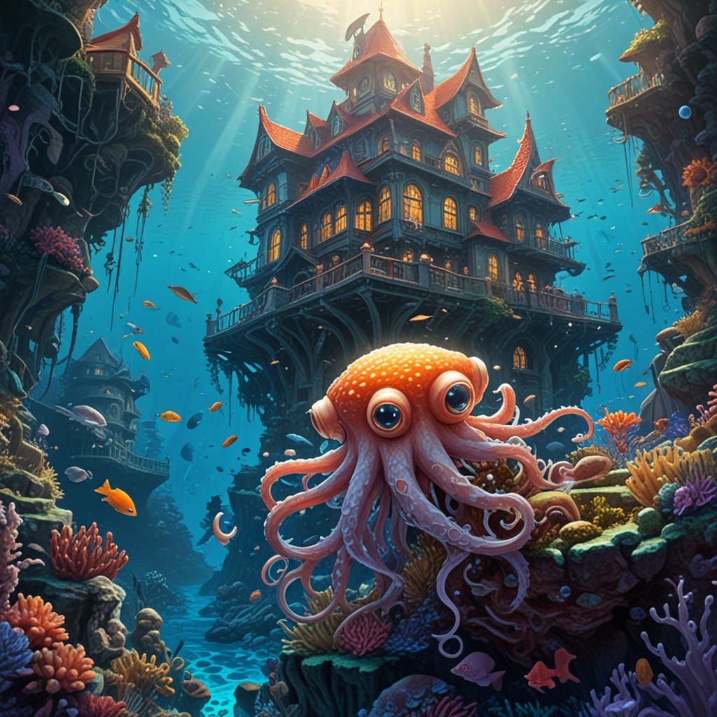 Vibrant Underwater City of Mermaids and Sea Creatures in a C...