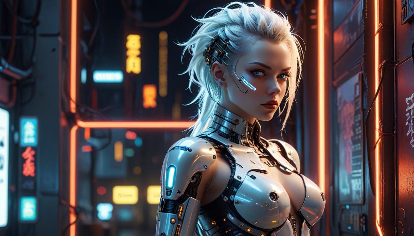 Cyberpunk Pin-Up: Female Cyborg with Neon Lights