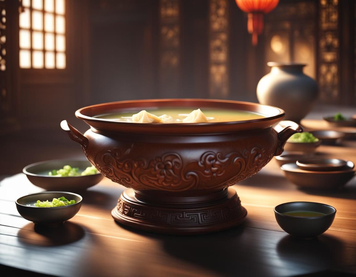 Wonton Soup on Carved Table: 3D Render