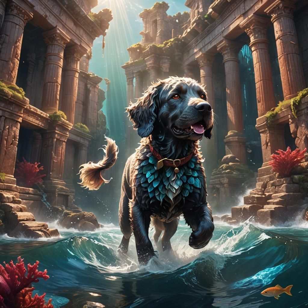 Water Dog Swimming Through Sunlit Oceanic Ruins