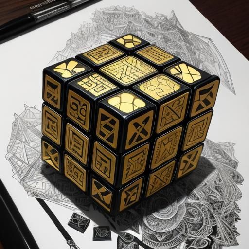 Hyperdetailed Fractal Ink Drawing of a Rubik's Cube