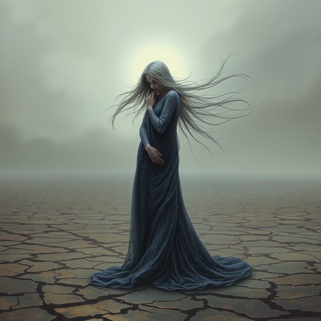 Goddess in Wasteland, Melancholic Oil Painting