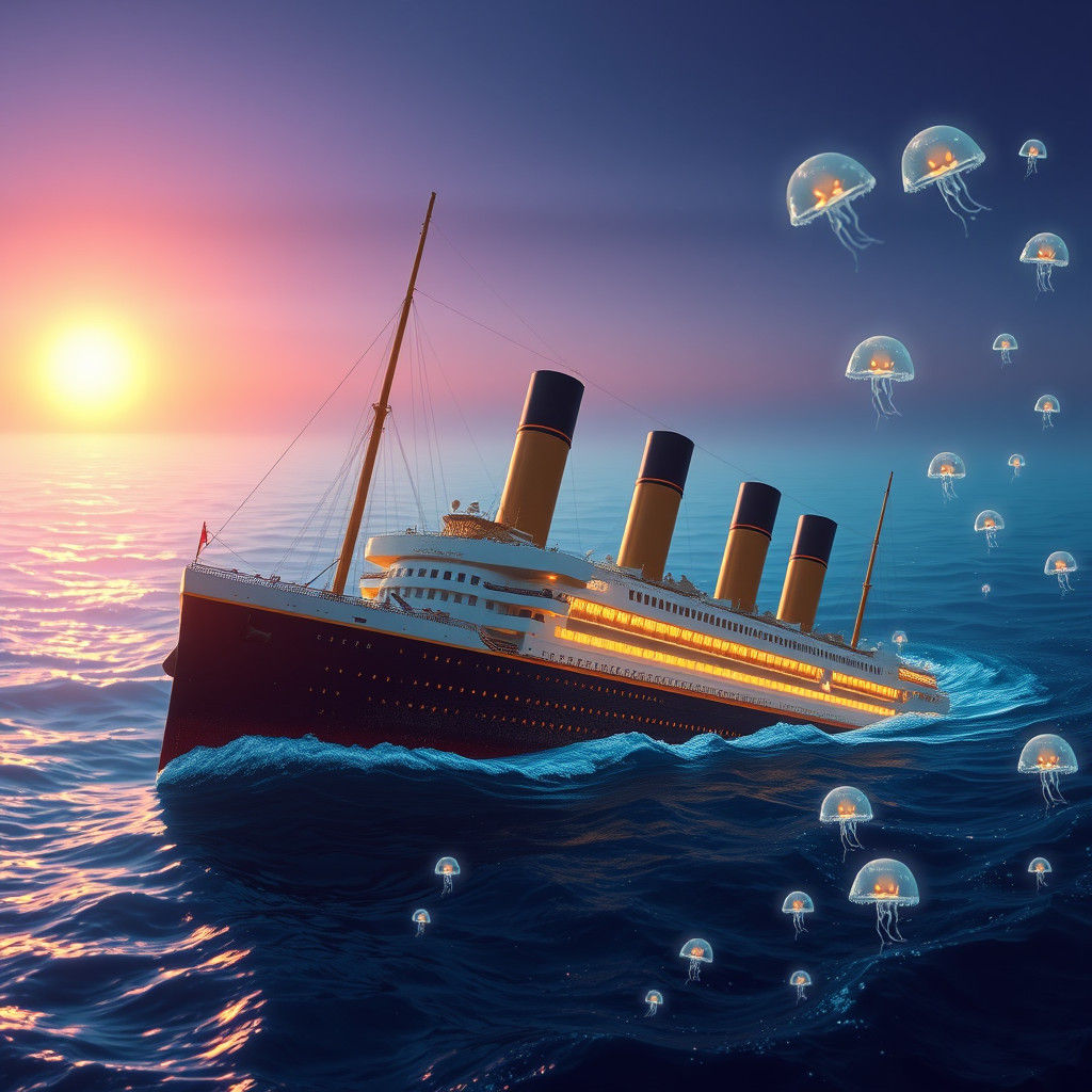 Sunken Titanic in Mystical Sapphire Ocean