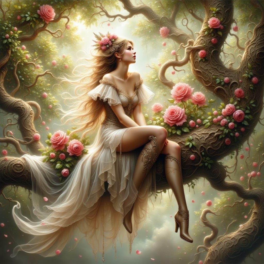 Elegant Elf Reclining on Tree Limb in Sunlight