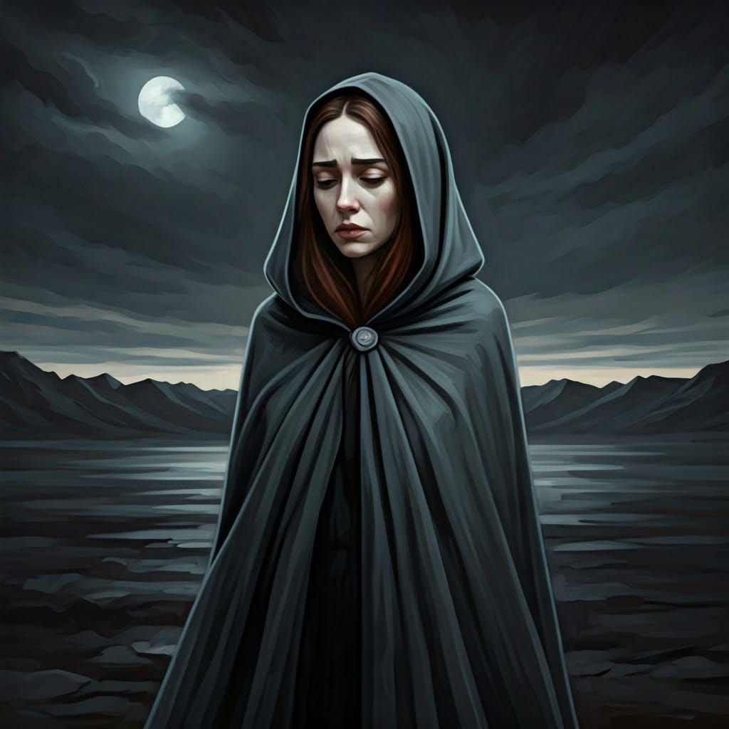 Melancholic Woman in Desolate Twilight Landscape