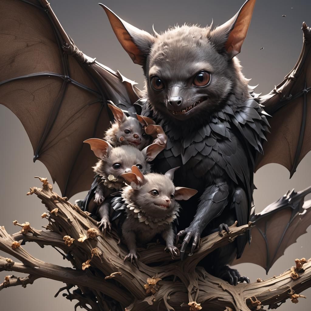 Anime Bat Mother and Baby in Detailed 3D