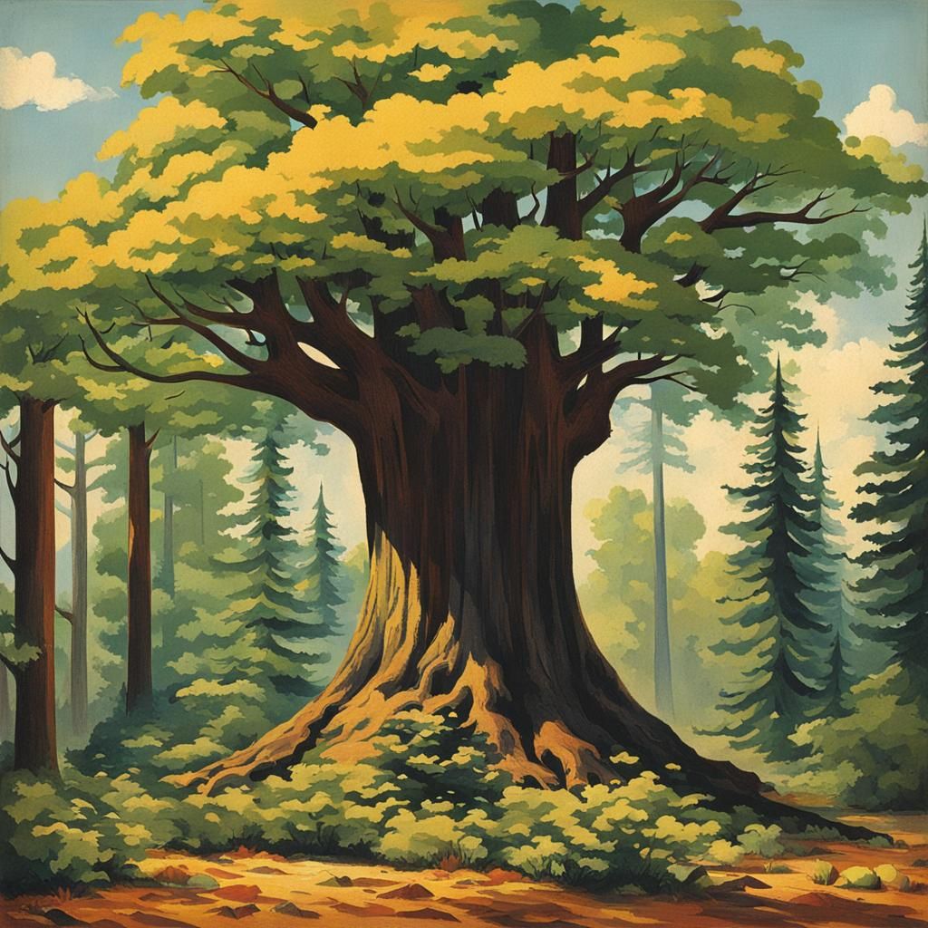 1950s America Tree in Forest Illustration