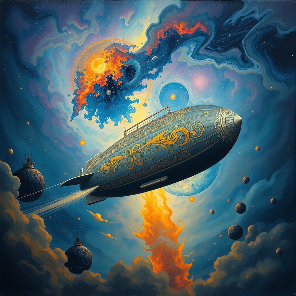 Art Nouveau Airship Sails Through Vibrant Nebula in Dreamlik...