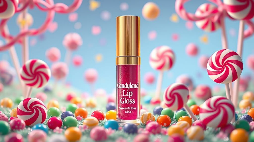 Whimsical Candyland Lip Gloss in a Hyperrealistic Digital La...