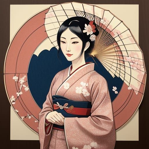 Ukiyo-e Geisha With Umbrella in Cherry Blossom Garden