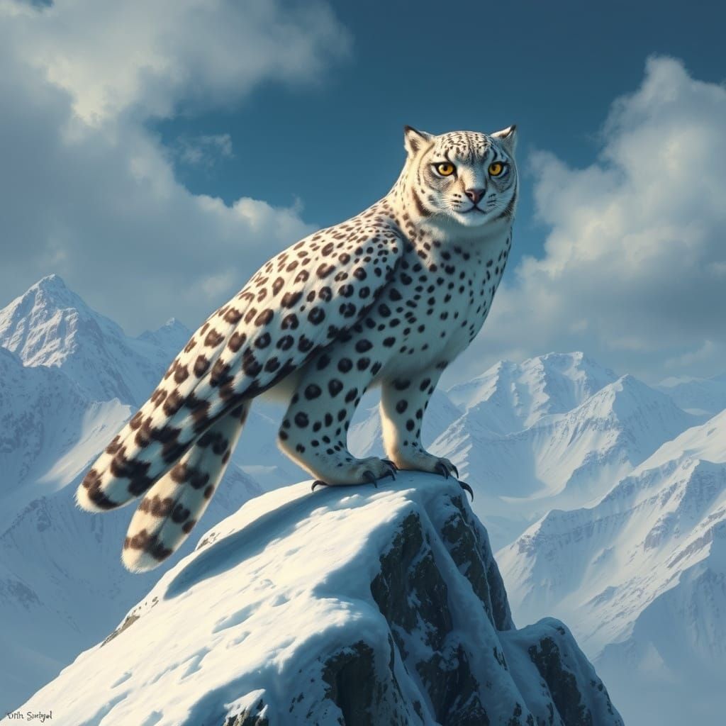 Snow Leopard-Owl Hybrid on Snowy Peak, Hyperrealistic Style
