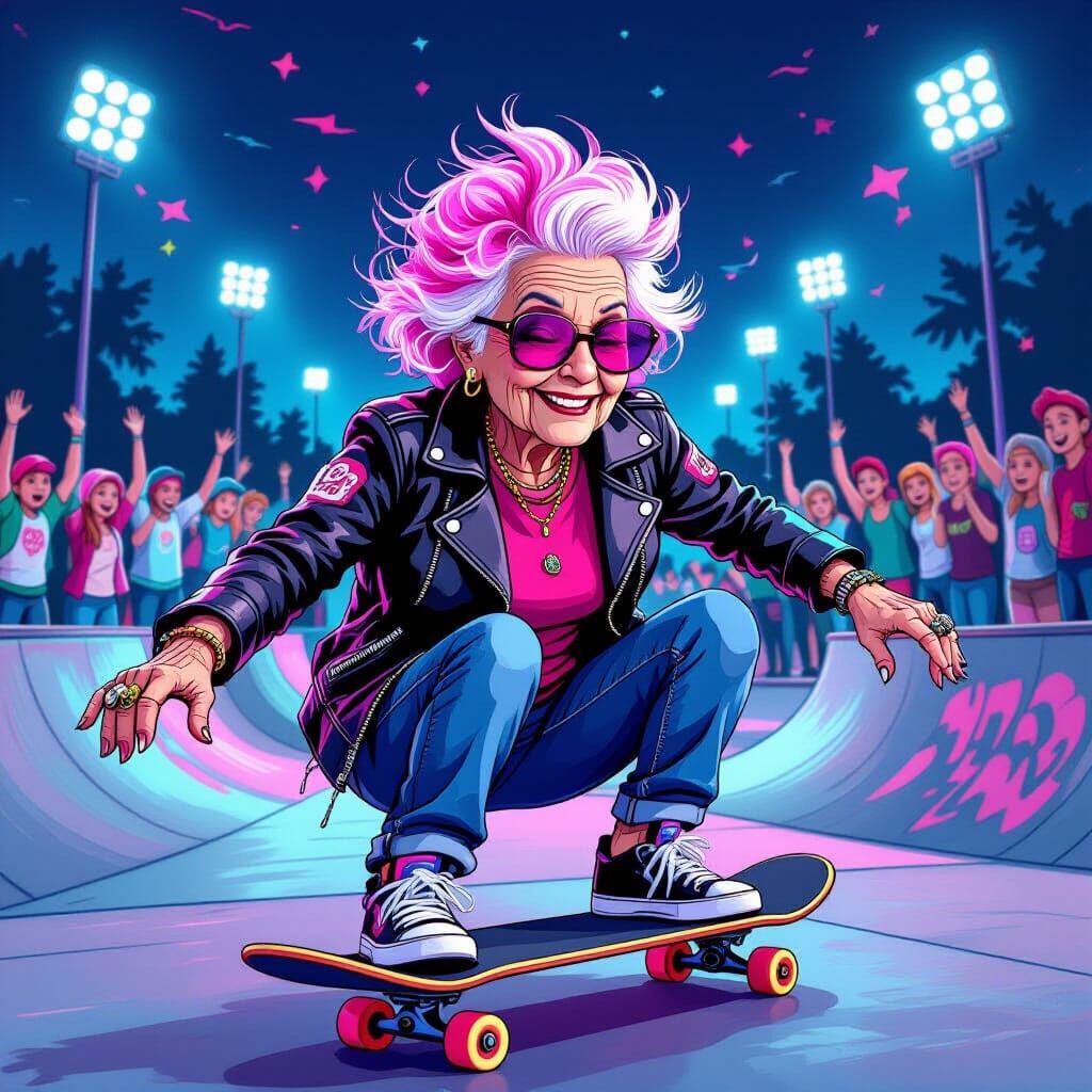 Elderly Skater Shreds at Neon Skatepark in Cartoon Style