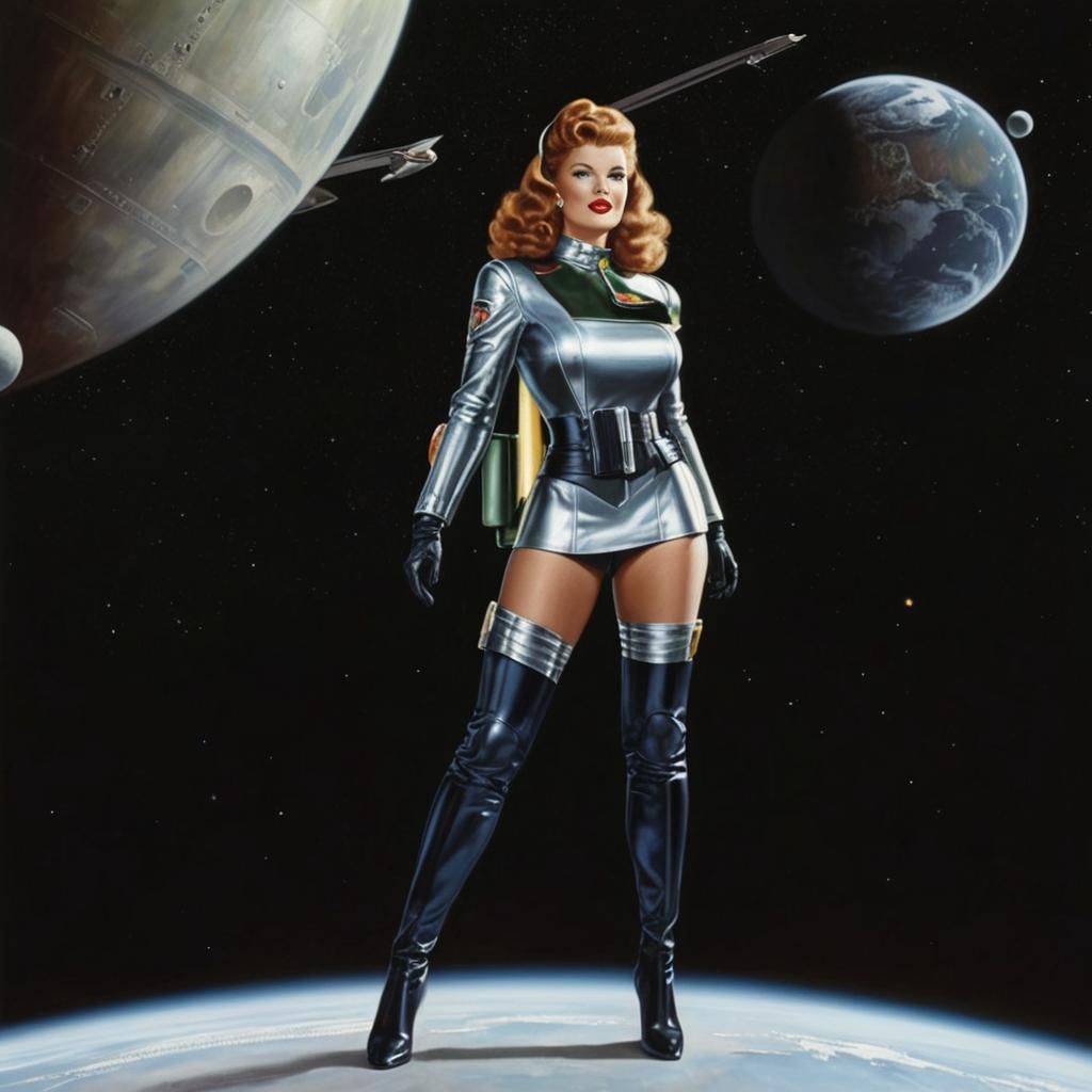 Glamorous Retro Sci-Fi Pinup Girl in Dieselpunk Style