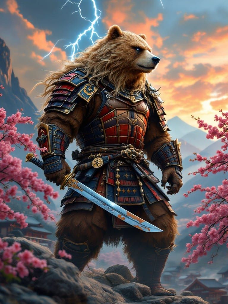Majestic Grizzly Samurai in Sunset Landscape
