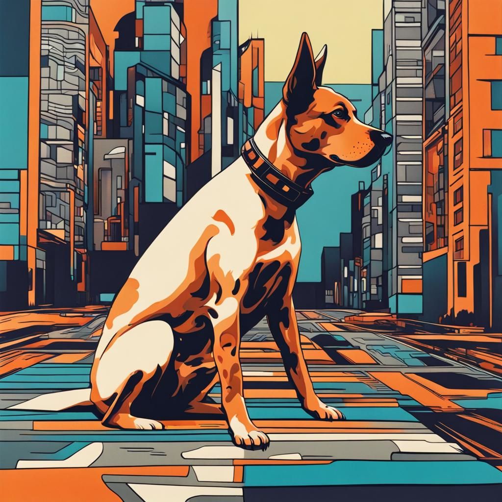 Futuristic Dog in City, Abstract Art