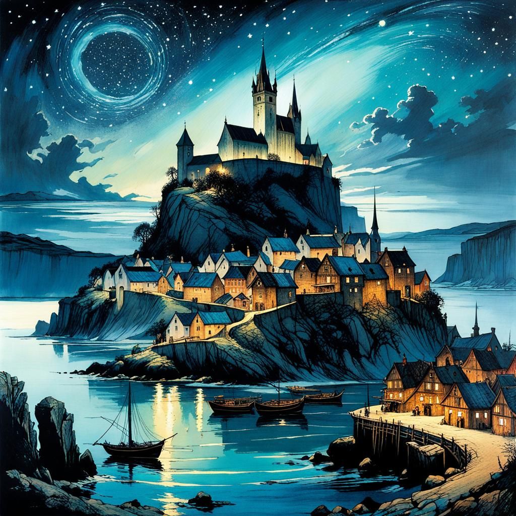 Medieval Port Town Under Starry Sky in Dreamlike Details