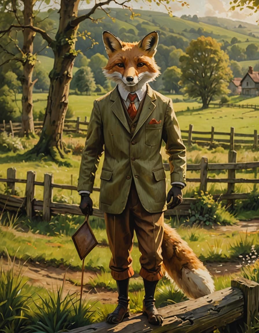 Rustic Fox in Countryside, Traditional Oil Painting