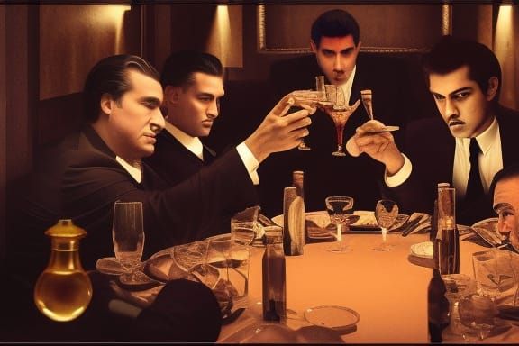 Mobsters Dinner in Dimly Lit Restaurant