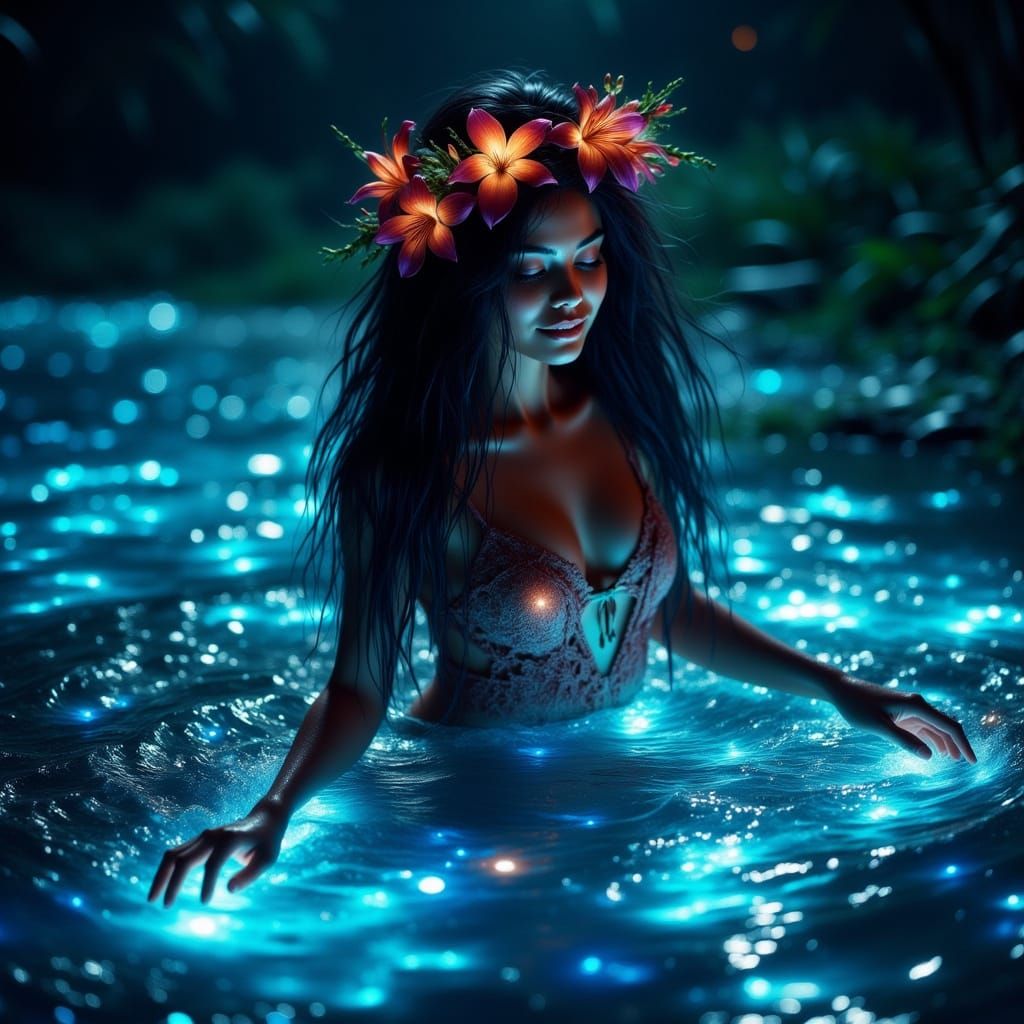 Pacific Islander Woman in Bioluminescent Waters