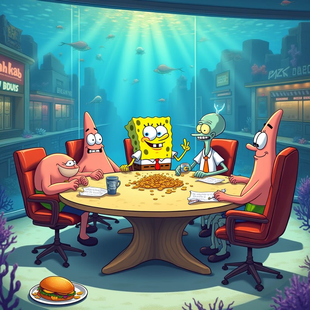 Underwater Corporate Meeting in Vibrant Cartoon Style