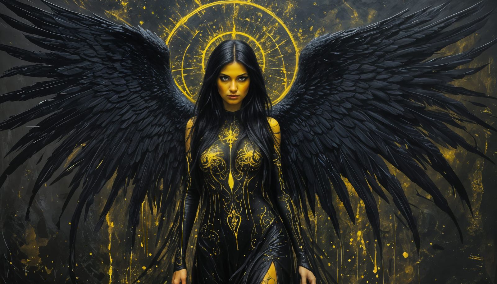 Dark Angel Portrait with Celestial Symbols, Expressionist Oi...