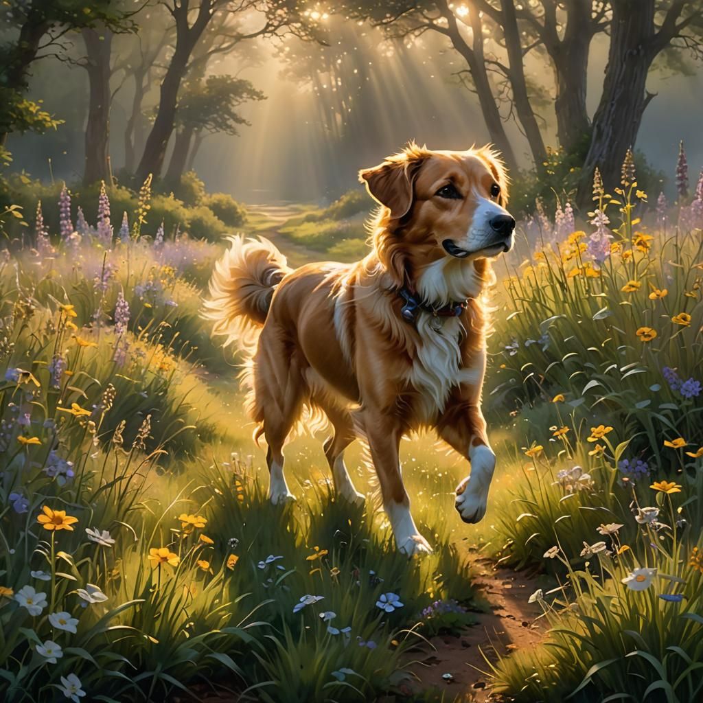 Ethereal Dog Running in Golden Light
