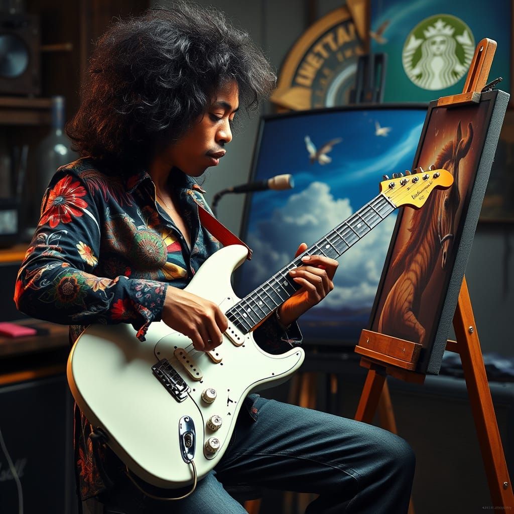 Jimi Hendrix Paints in Studio, Surrounded by Music and Art