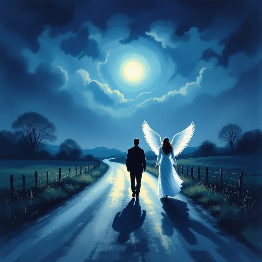 Man's Journey Guided by Guardian Angel on Dark Road
