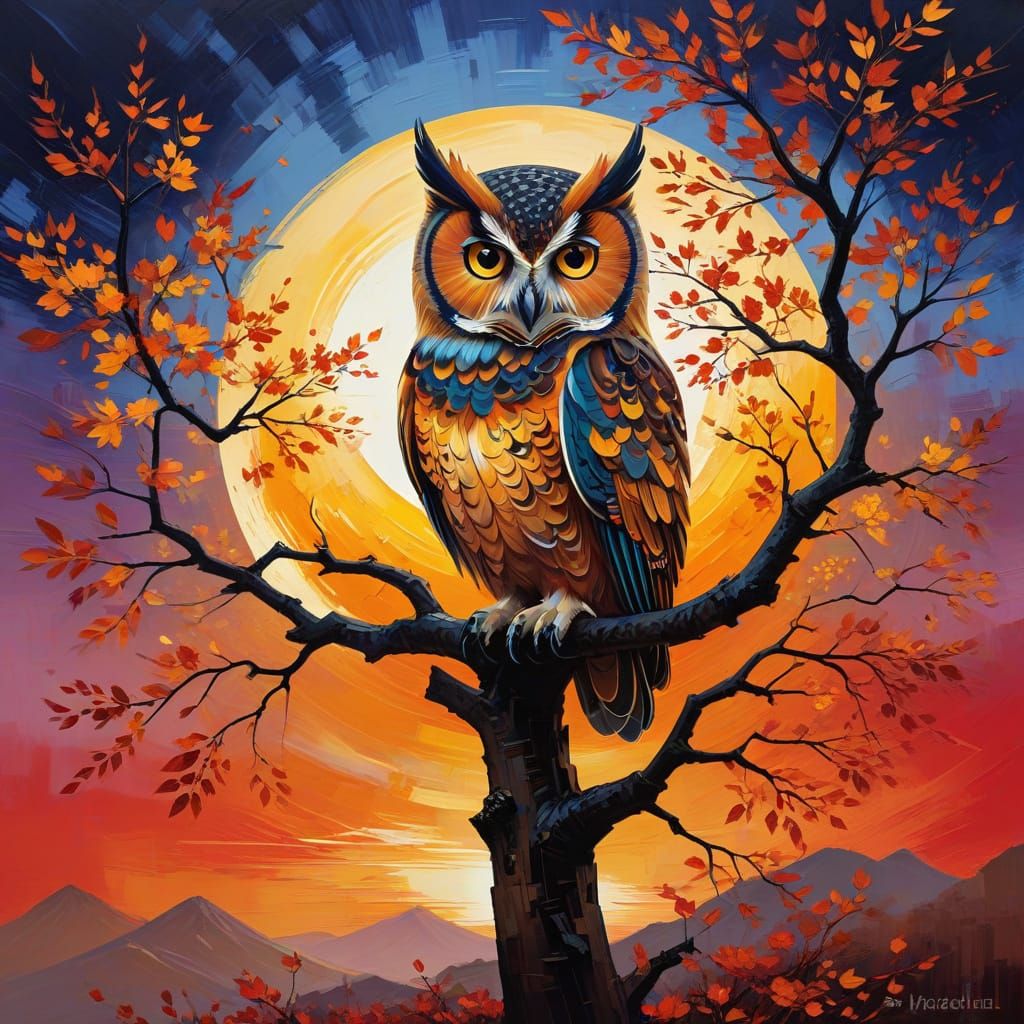 Surreal Autumn Sunset Owl in Abstract Japanese Style