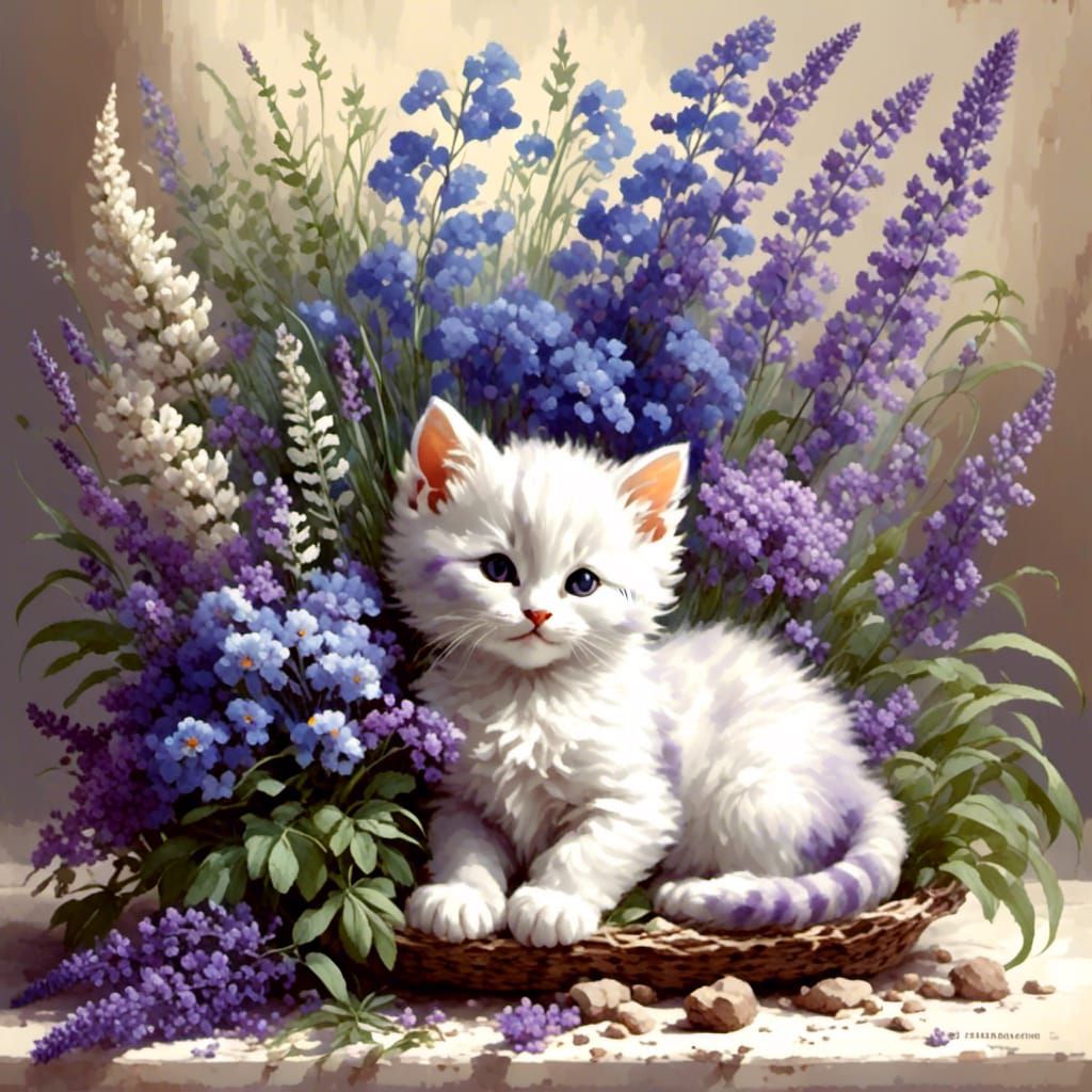Kitten Asleep Beside Floral Bouquet Still Life