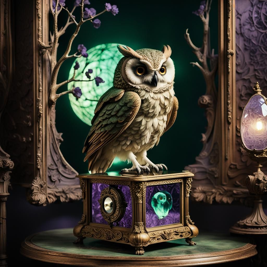 Surreal Taxidermied Owl Perches on Cursed Music Box