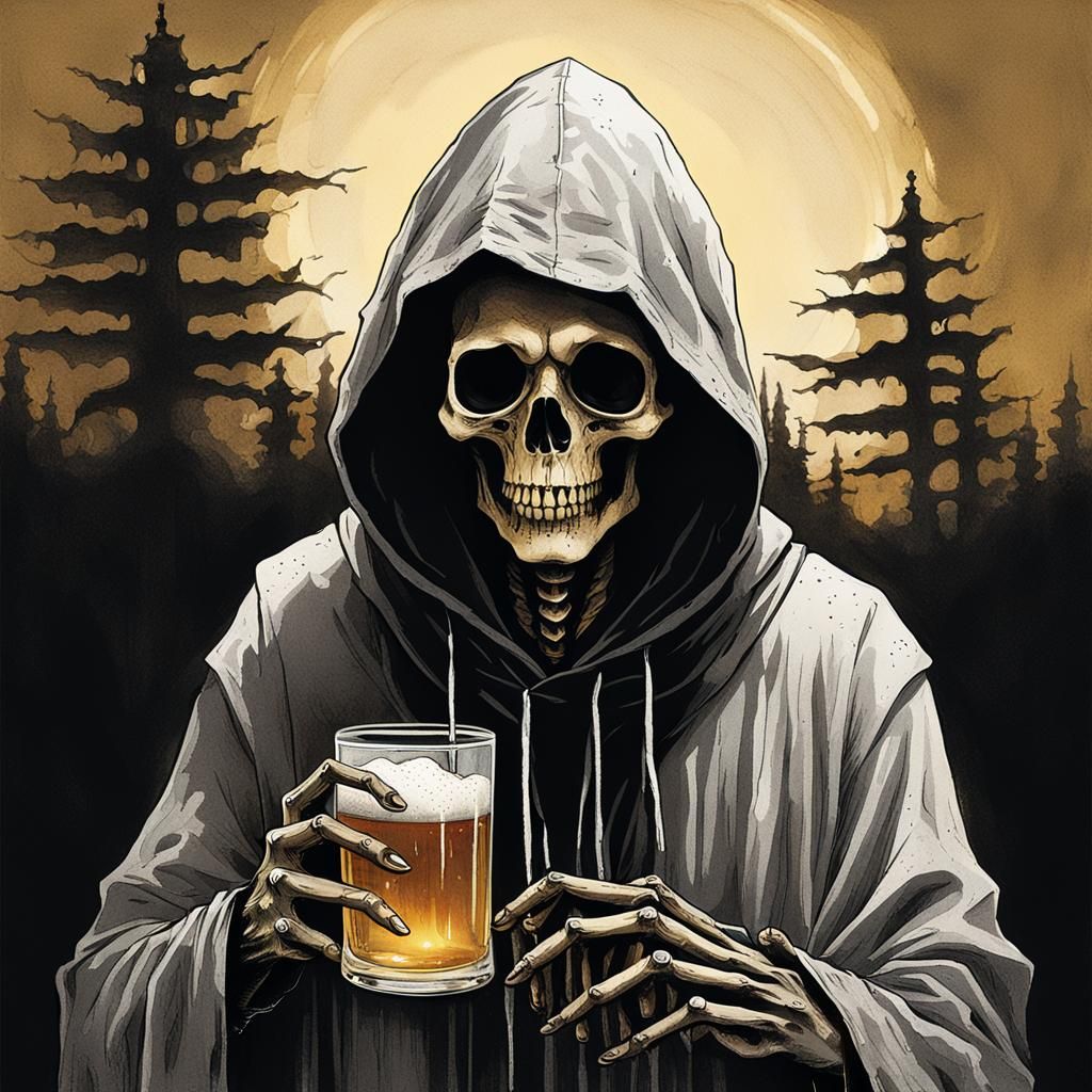 Ethereal Skeletal Figure with Beer in Gothic Fantasy Art
