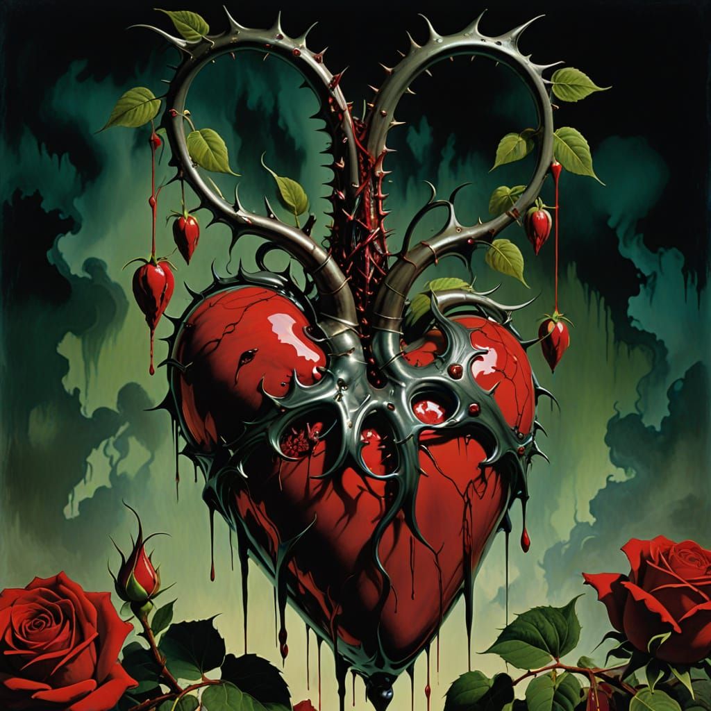 Surreal Bleeding Heart with Roses and Spikes