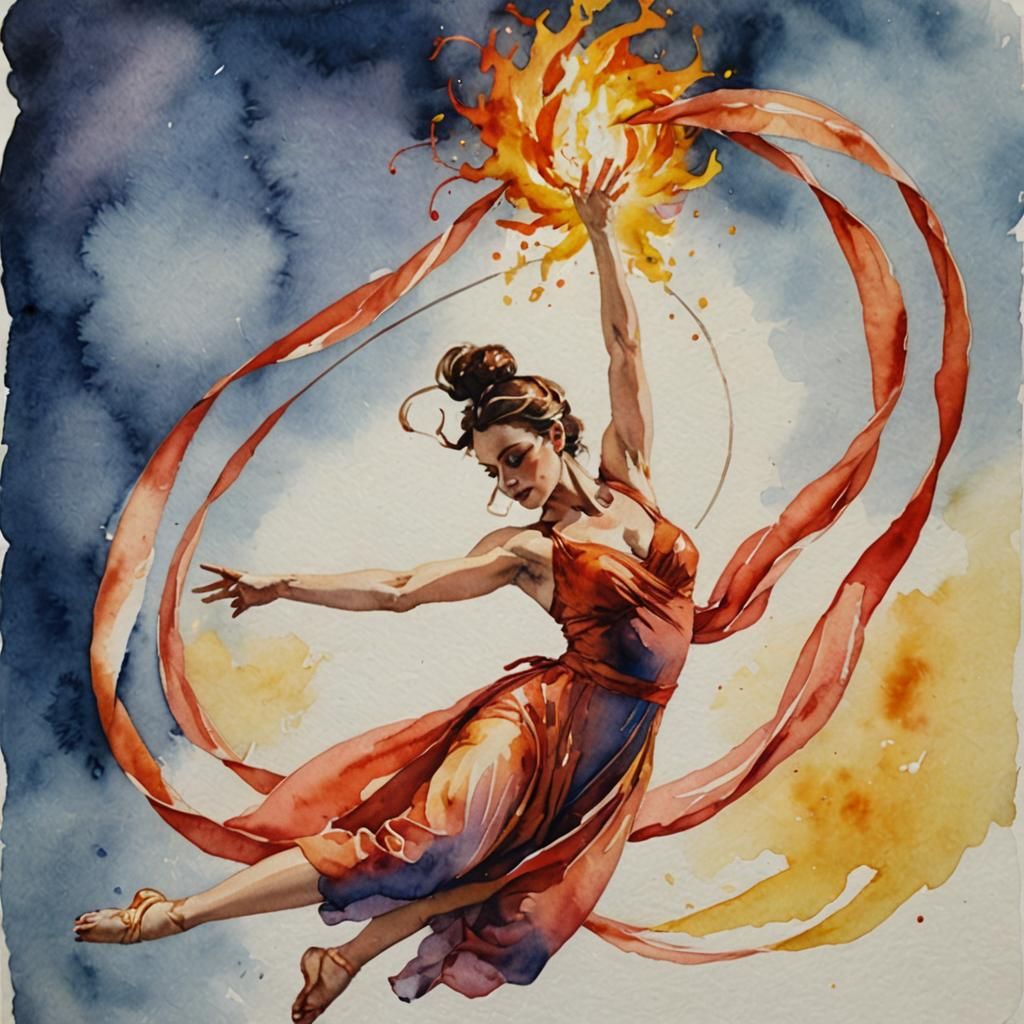 Aerialist Fire Dancer in Watercolor Style