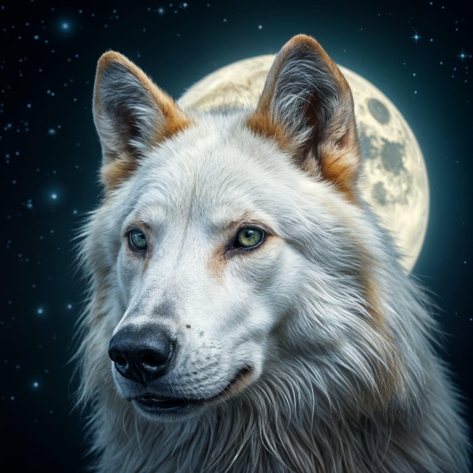 Majestic White Wolf Portrait Under Starry Night Sky