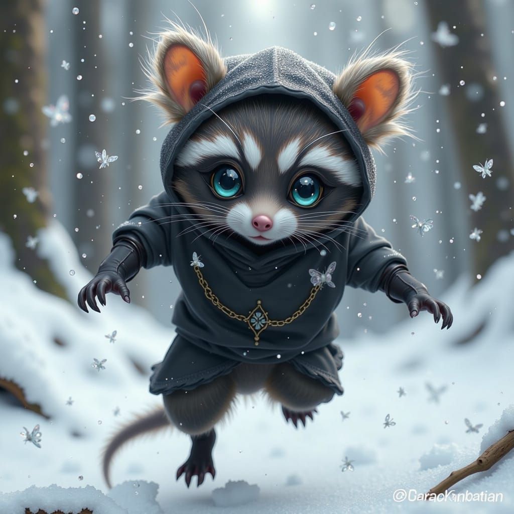 Raccoon-Mouse Ninja Leaping in Snowy Forest
