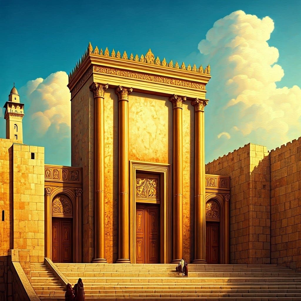 The Temple in Jerusalem Glows with Golden Light and Ornate H...