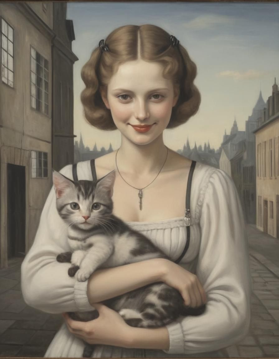 Woman and Kitten in Surrealist Style