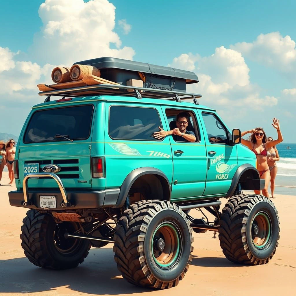 Turquoise Ford 4x4 Van Cruising on Beach in Digital Art